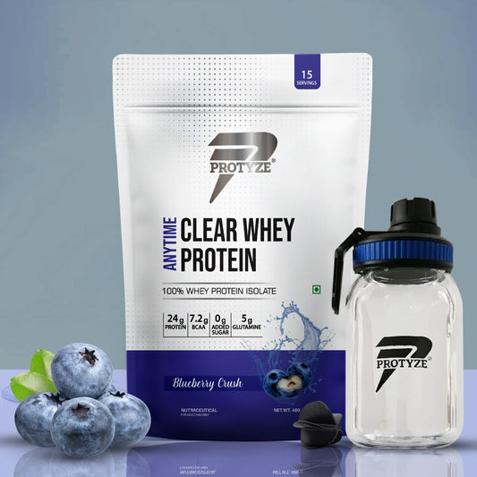 Anytime Clear Whey Protein Isolate, Blueberry Crush + Tritan Shaker with Breaker Ball.