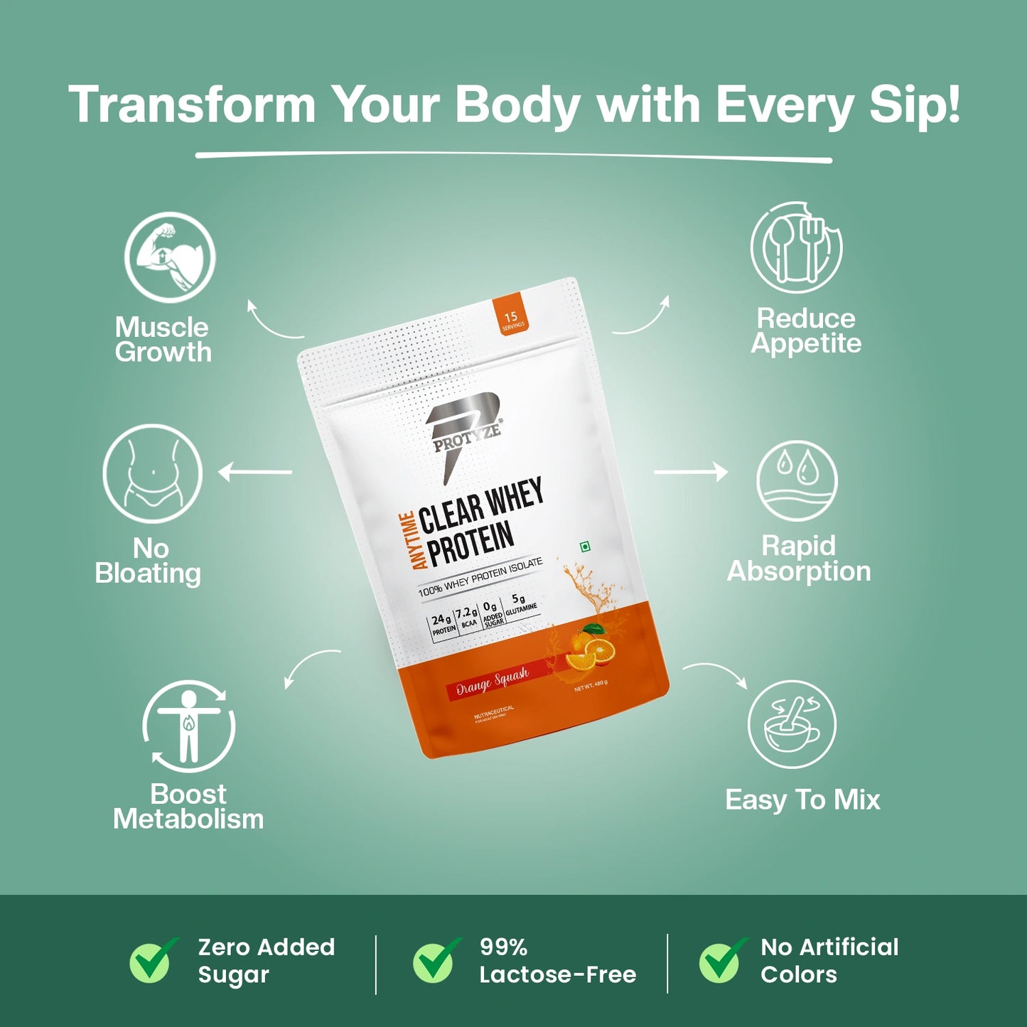 Anytime Clear Whey Protein Isolate, Orange Squash + Tritan Shaker with Breaker Ball.