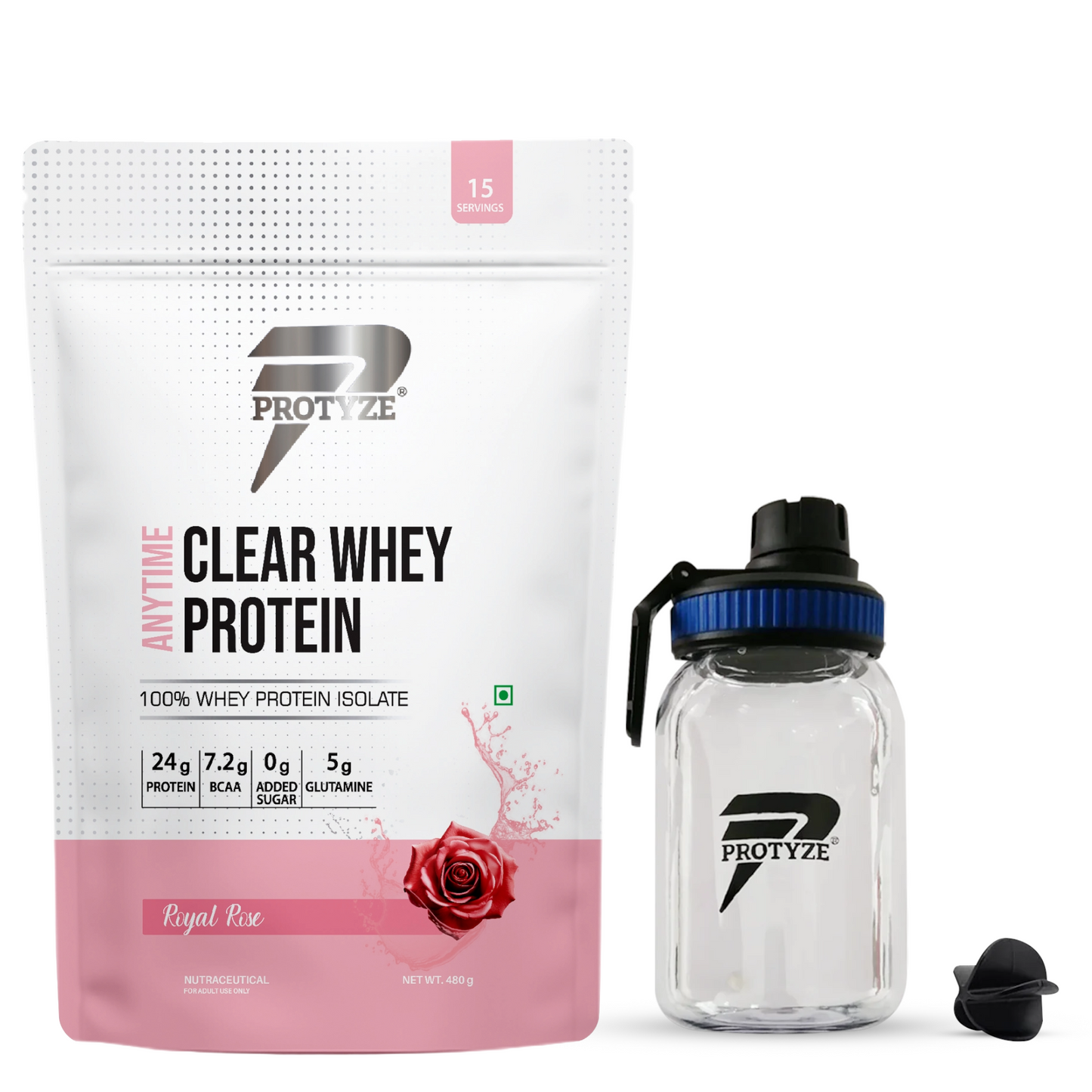 Anytime Clear Whey Protein Isolate, Royal Rose + Tritan Shaker with Breaker Ball.