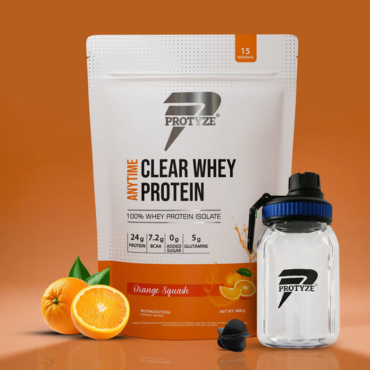 Anytime Clear Whey Protein Isolate, Orange Squash + Tritan Shaker with Breaker Ball.
