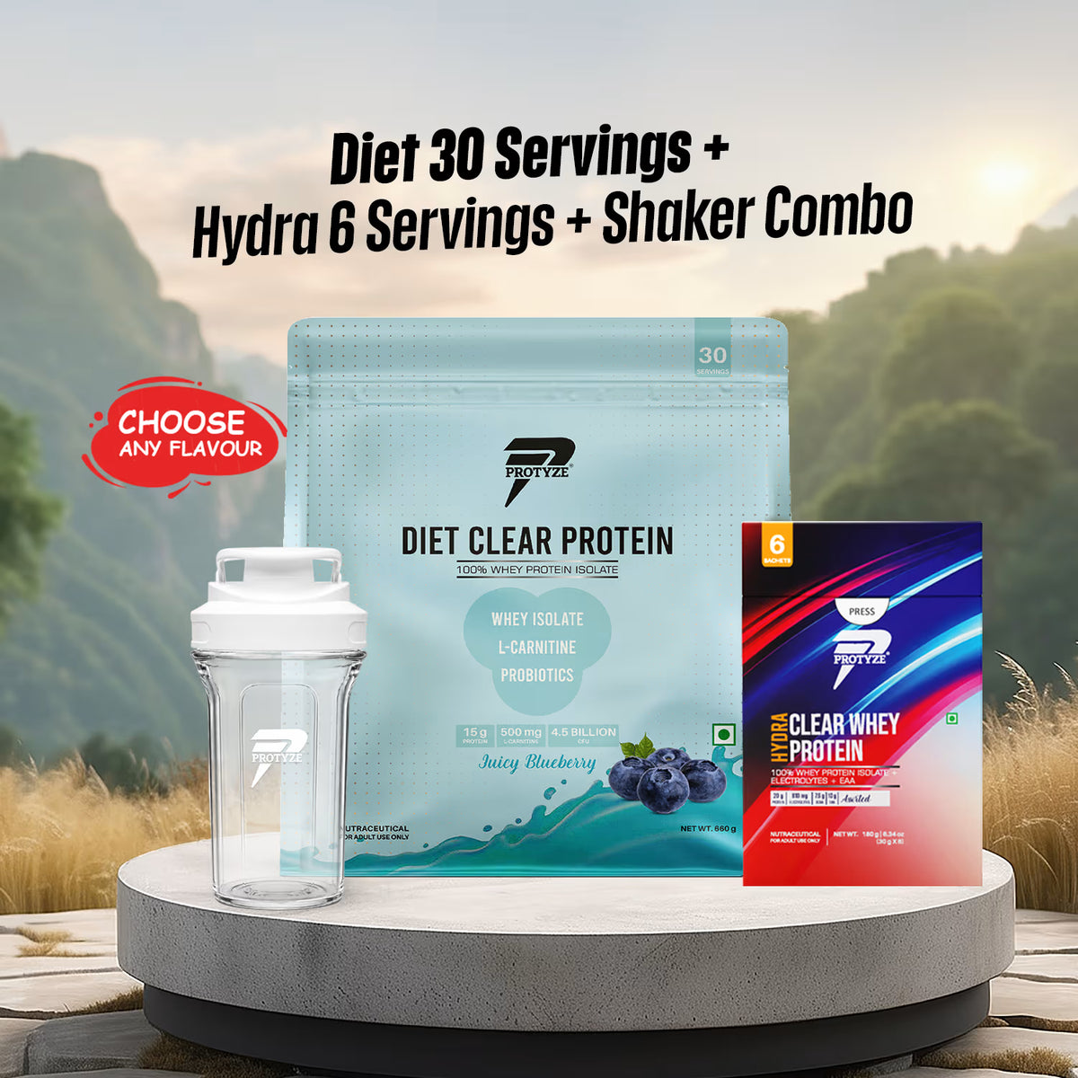 Protyze Clear Protein Diet 30 Serving Pouch + Hydra Assorted Pack Of 6 + Shaker Combo