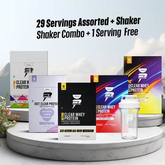Protyze Clear Whey Assorted Combo - (Anytime + Diet + Nitro + Hydra + Hydra-X + Shaker) + 1 serving free