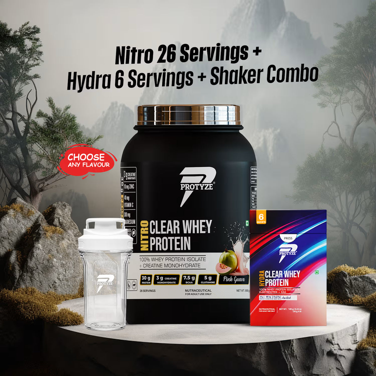 Nitro Clear Whey Protein Isolate 26 Servings Jar + Hydra Assorted Pack Of 6 + Shaker Combo