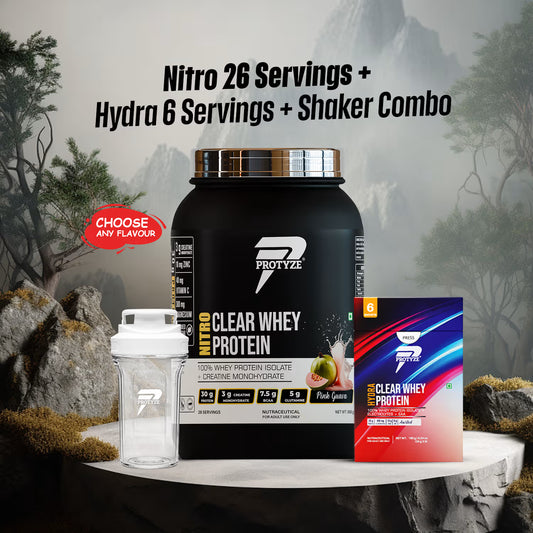 Nitro Clear Whey Protein Isolate 26 Servings Jar + Hydra Assorted Pack Of 6 + Shaker Combo