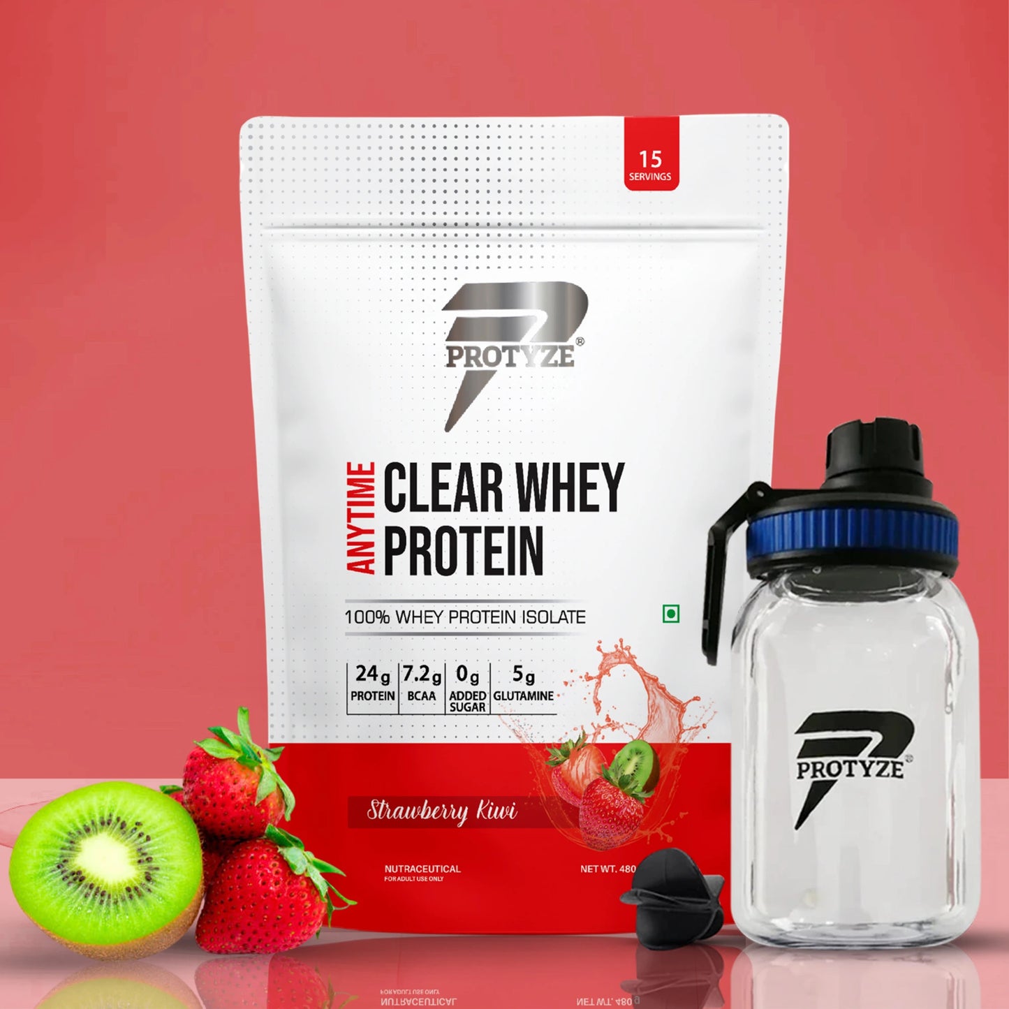 Anytime Clear Whey Protein Isolate, Strawberry Kiwi + Tritan Shaker with Breaker Ball.
