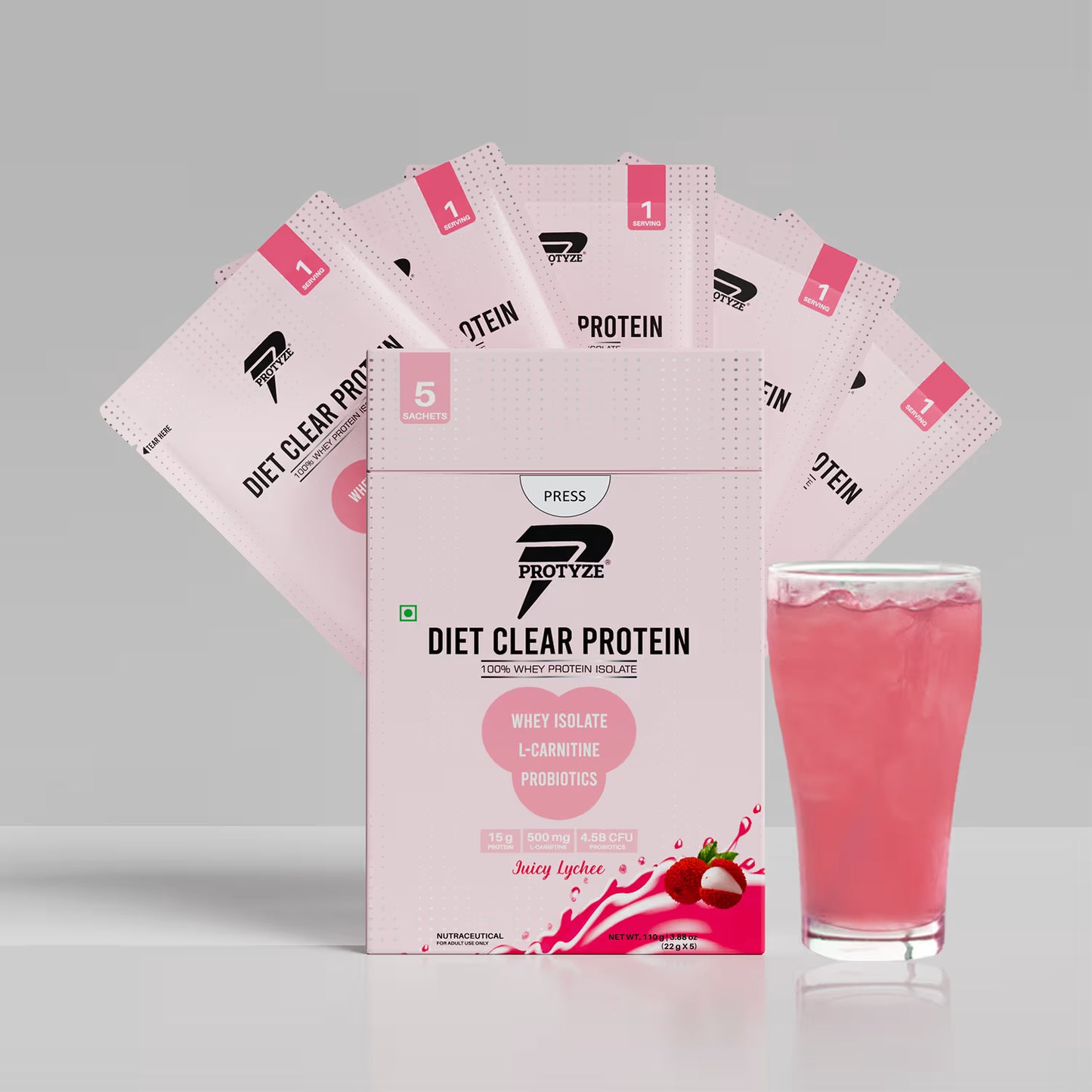 Protyze Diet Clear Whey Protein Isolate With Probiotics, L-Carnitine And Fiber, 15g Protein, Gut Health, Weight Management -Juicy Lychee (15 Servings)